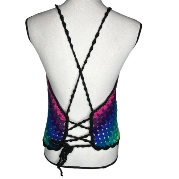 Handcrafted Crochet Halter Top Rainbow Granny Acrylic Yarn Art Handmade Knit - Picture 8 of 16